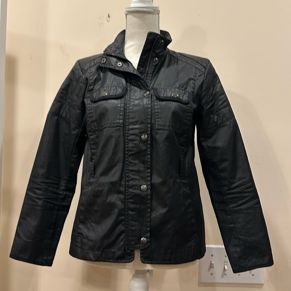 Gap black moto style utility jacket pockets zip snap size XS petite